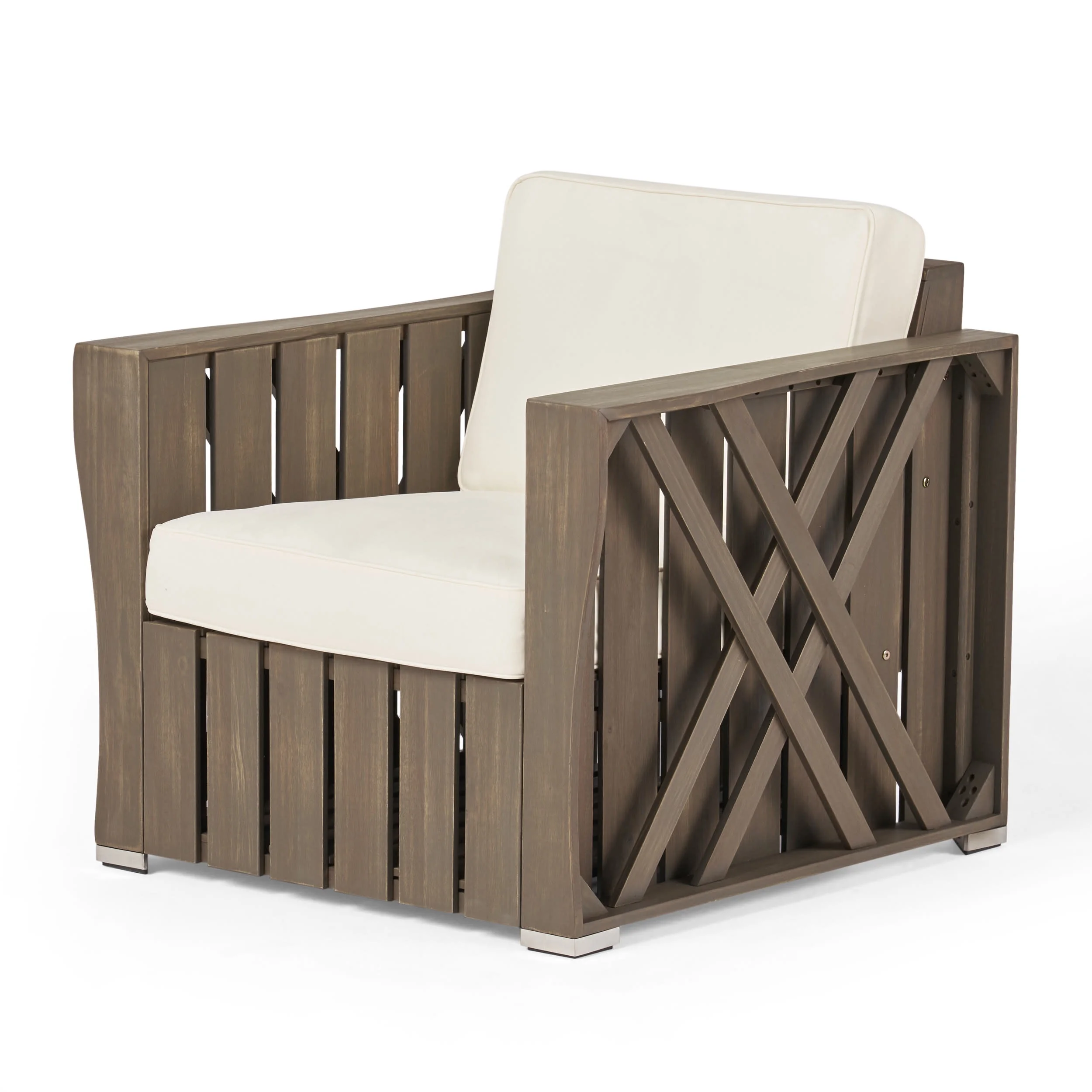 GDF Studio Edward Outdoor Acacia Wood Club Chair with Cushion, Gray and Cream