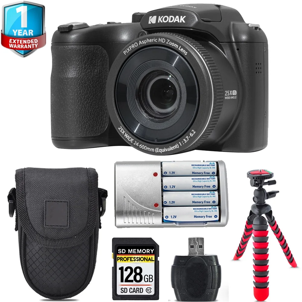 Kodak PIXPRO AZ255 Digital Camera (Black) + Extra Battery +1 Yr Warranty + Case -128GB