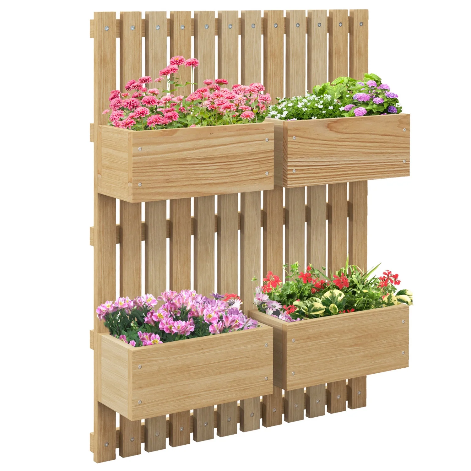 JHOOTUUO 4 Box Raised Garden Bed with Trellis for Vine Flowers & Climbing Plants  31.5” Tall Wall-Mounted Wood Planter Box Set with Adjustable Height  Drainage Hole  Natural