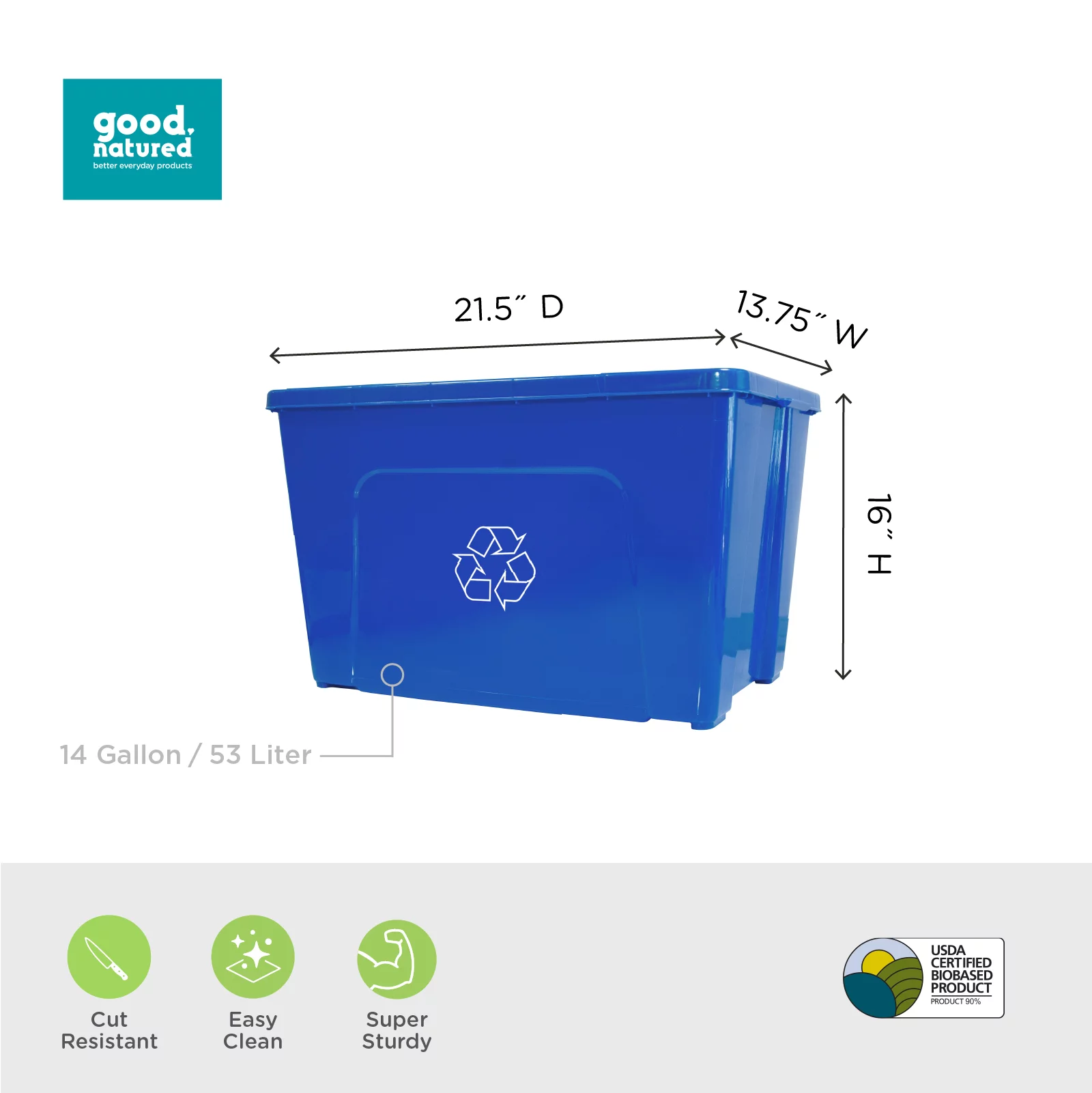 good natured Curbside Recycler, 14 Gallon / 53 Liter – Recycling Bin for Curbside Recycling - Plant Based, BPA-Free Recycling Bin with Recycling Logo, Blue