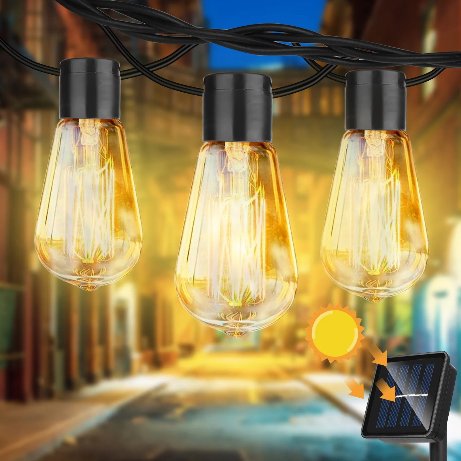 26ft Edison Lights Outdoor String with 20 Shatterproof Bulbs, TSV Waterproof LED Solar Hanging Ambience Light, for Yard Garden Patio Bistro, Warm White