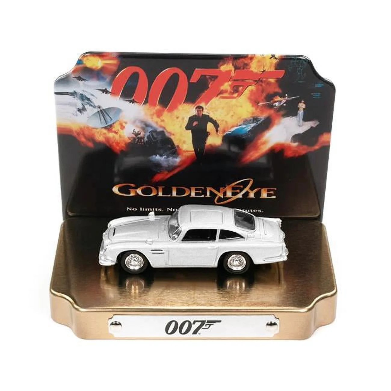 Silver Metallic 007 GoldenEye Movie with Collectible Tin Display Silver Screen Machines Series 1 by 64 Scale Diecast Model Car for Aston Martin DB5 RHD