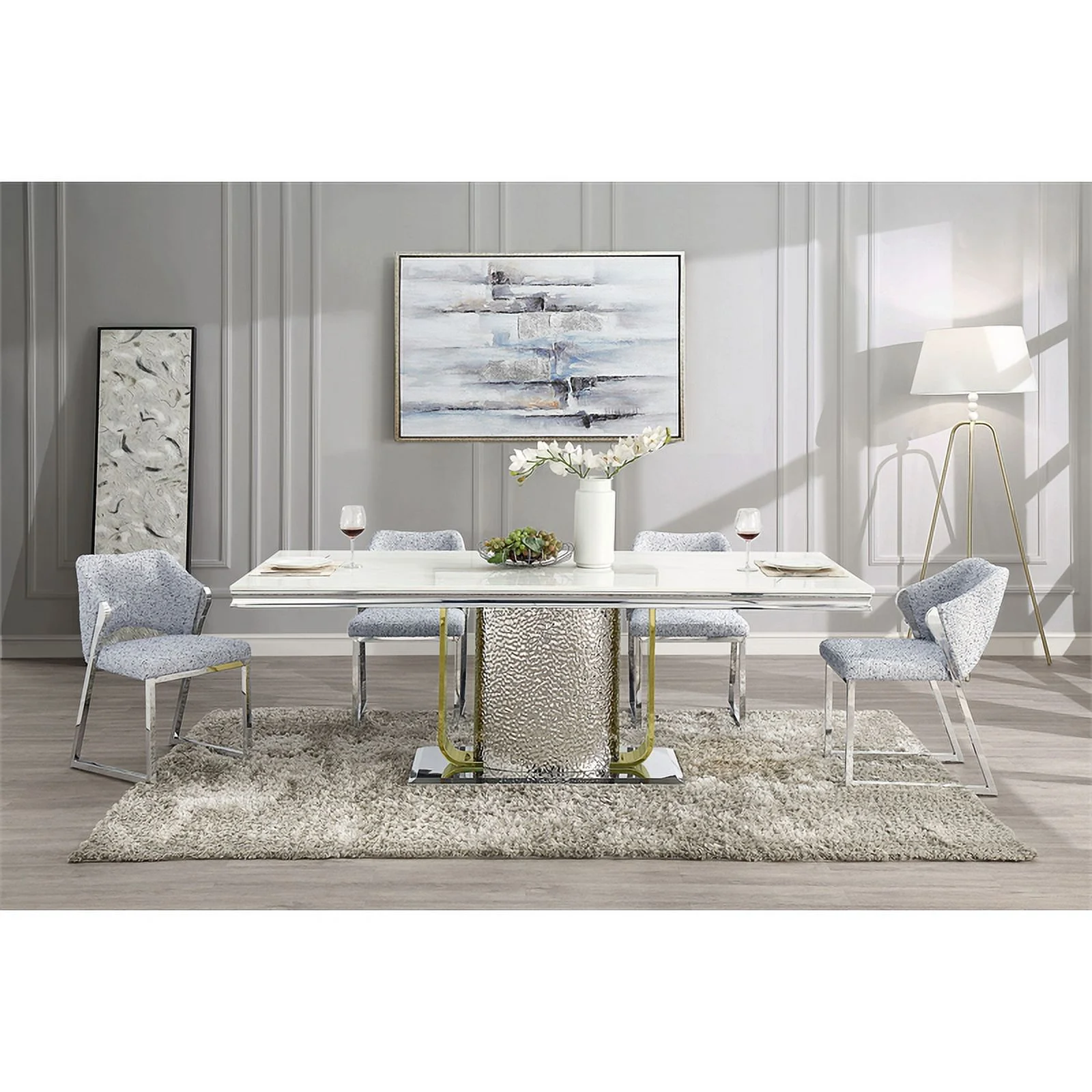 Pemberly Row Rectangular Stainless Steel Dining Table in Silver/Gold