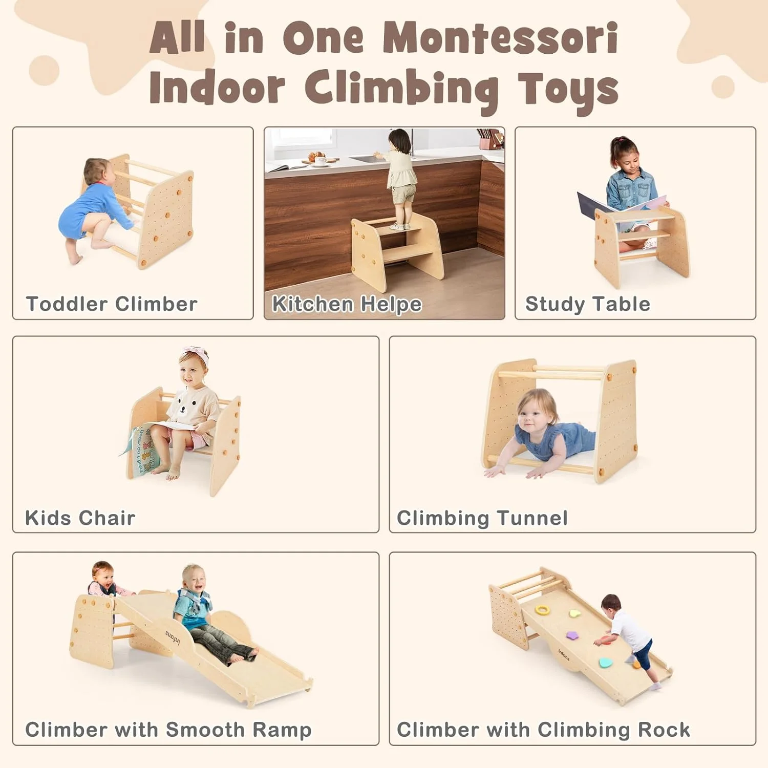 7 in 1 Climbing Toys for Toddlers, Upgrade Wooden Montessori Cube Climber Set with Reversible Ramp Slide Ladder Seesaw, Indoor Pikler Climb Activity Jungle Gym Present for Kids Age 3+