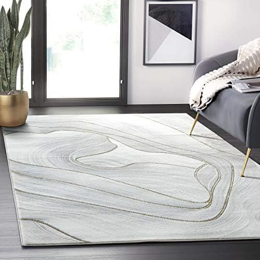 Grey & Metallic Contemporary Ribbon 4' x 6' Area Rug, Rugs Swirl Design Neutral Non-Shed Bedroom Rug