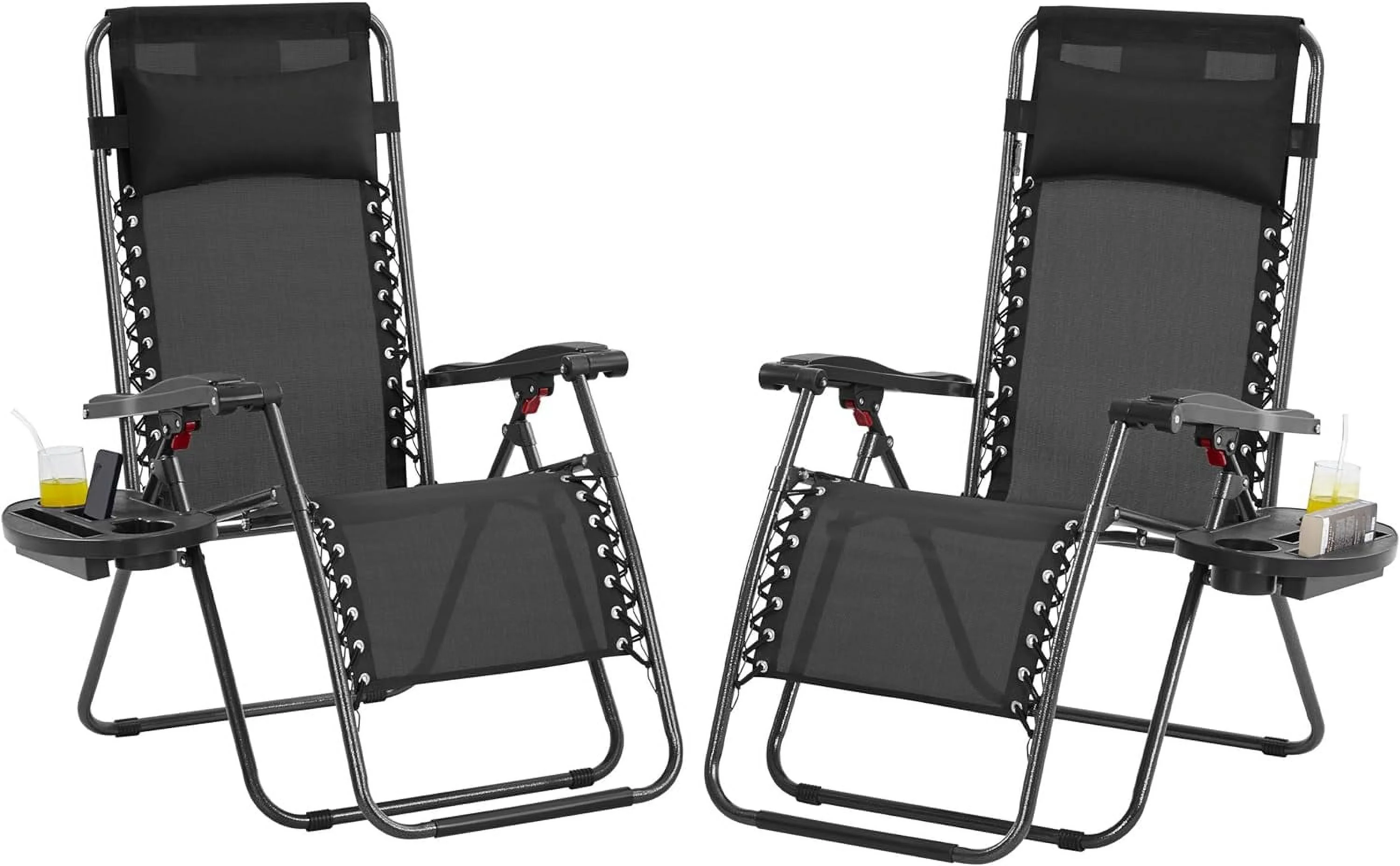 Zero Gravity Recliners Outdoor Adjustable Folding Reclining Lounge Chairs w/Pillows, Cup Holder Trays and Carry Strap for Patio Backyard Beach Black Set of 2