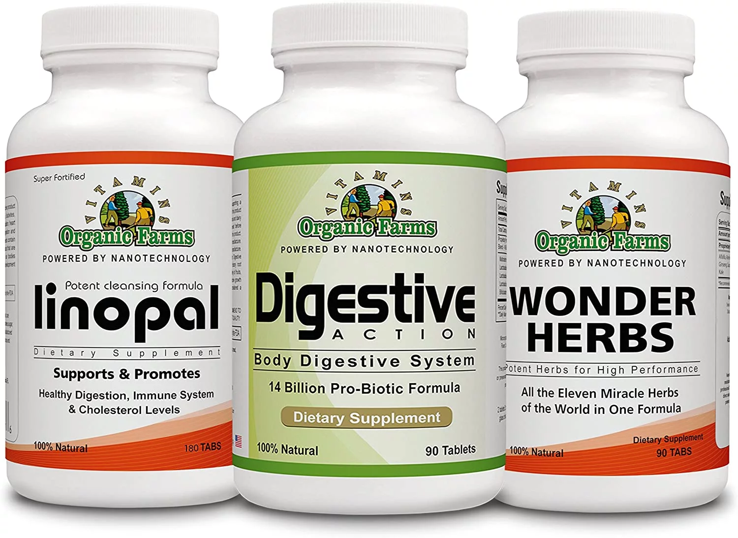 Candida Kit - Linopal 180 Tablets + Wonder Herbs 90 Tablets + Digestive Action 90 Tablets - 100% Natural Dietary Supplements