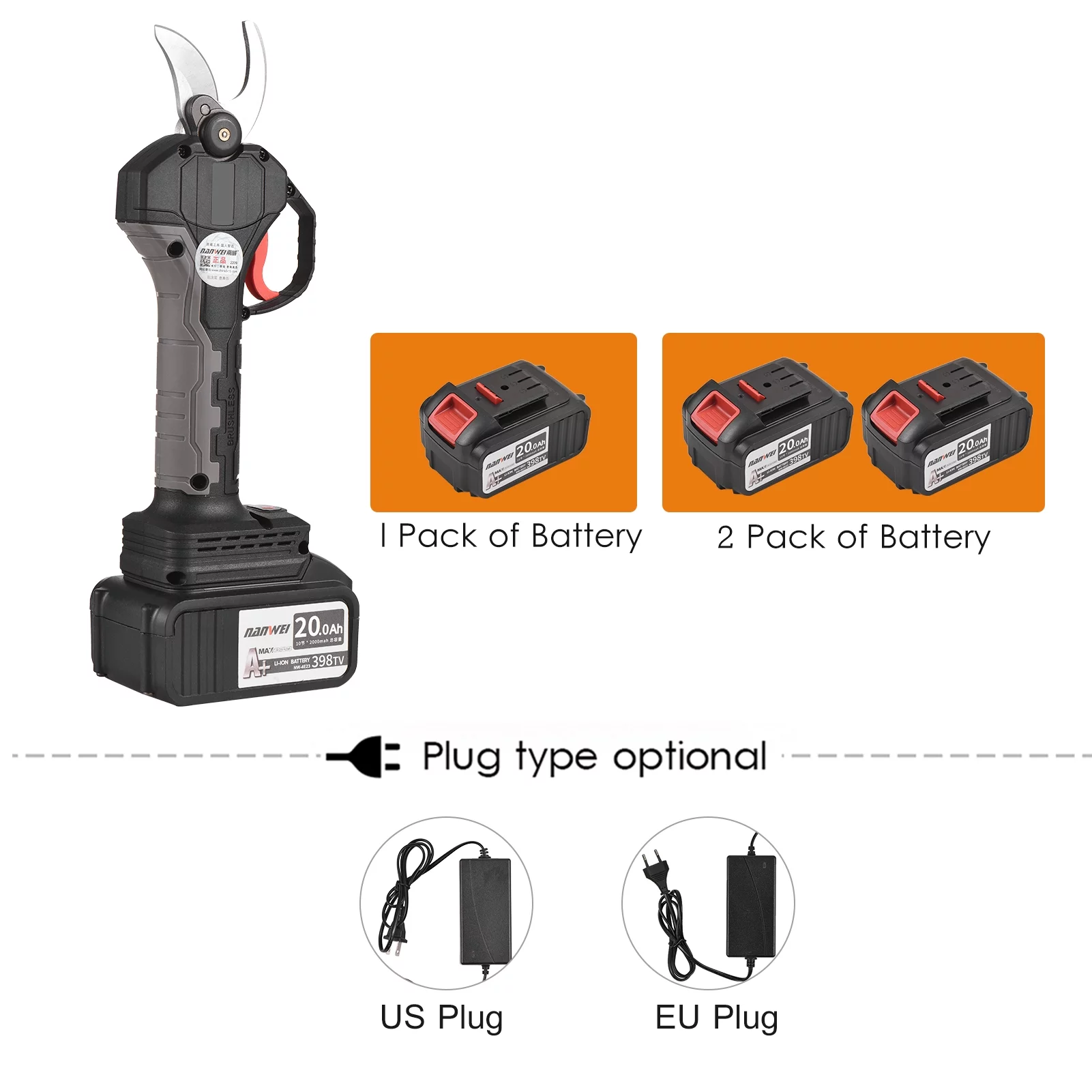 Nanwei 21V Brushless Cordless Electric Pruning Shears Rechargeable 20Ah Lithium Battery Powered Tree Branch Pruner Garden Clippers 30mm Cutting Diameter with Replacement Blade 4000mAh