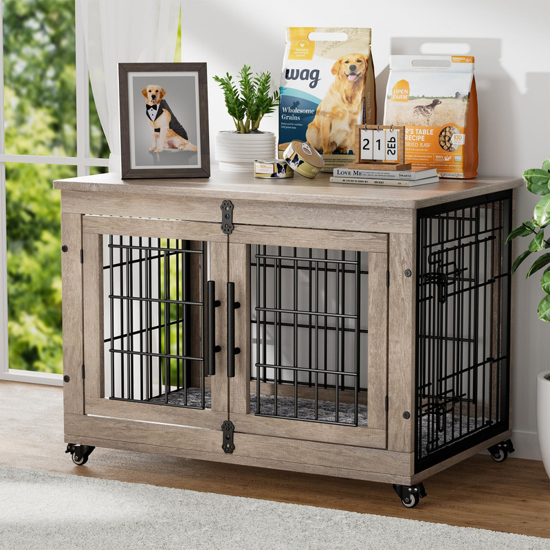 Dog Crate Furniture with Cushion, Wooden Dog Kennel with Double Doors, Heavy Duty Dog Cage End Table with Wheels, Dog House Indoor for Small Medium Dogs up to 45 lb, 32.5” L, Grey