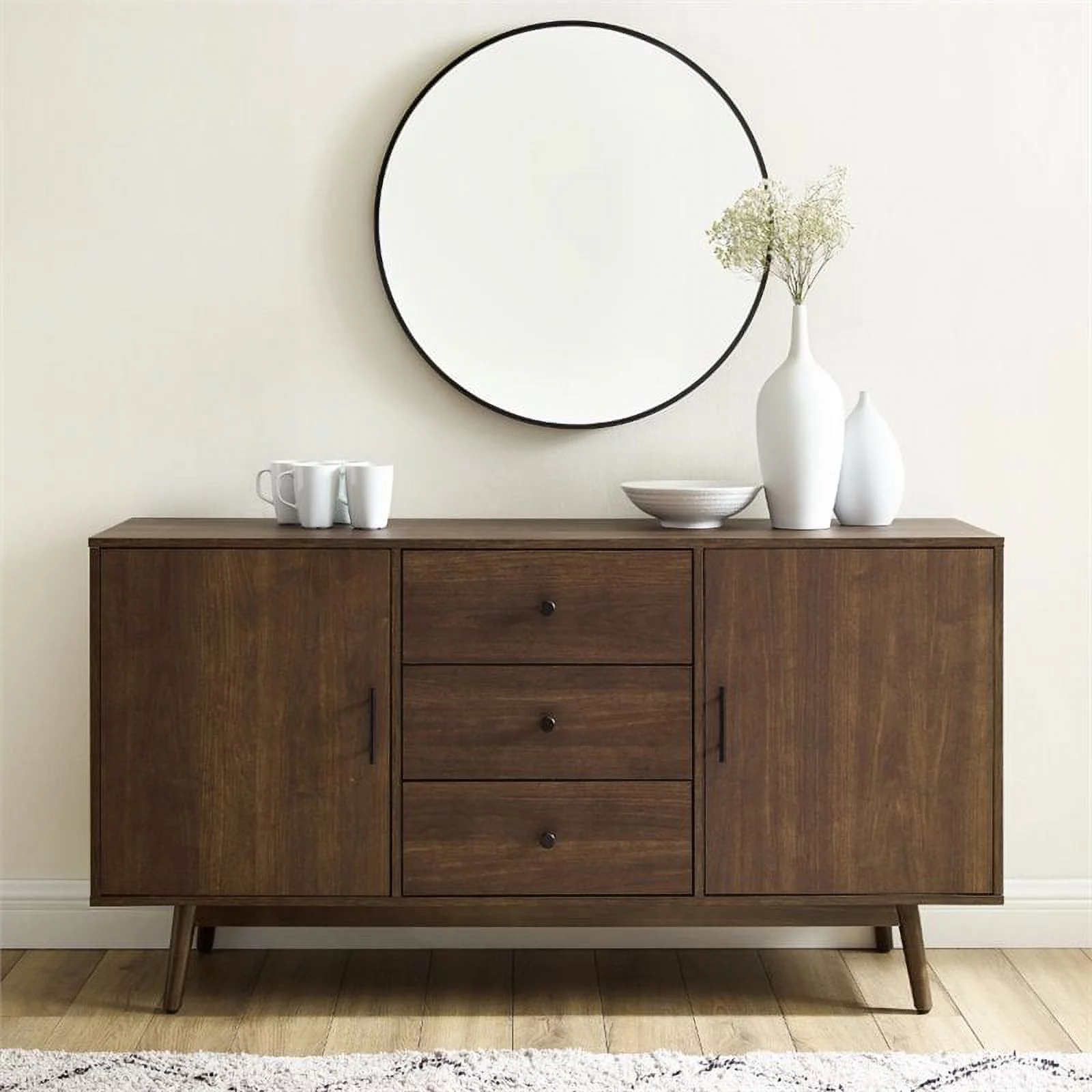 Pemberly Row 3-Drawer Mid-Century Wood Sideboard Buffet Cabinet in Brown