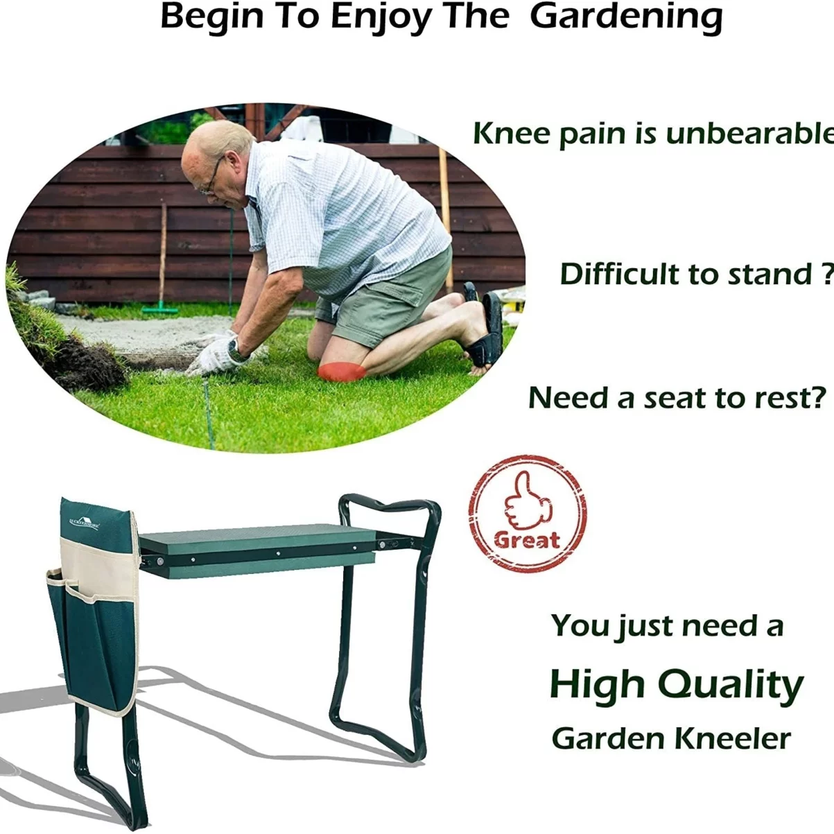 Garden Kneeler and Seat Folding Multi-Functional Steel Garden Stool with Tool Bag EVA Kneeling Pad