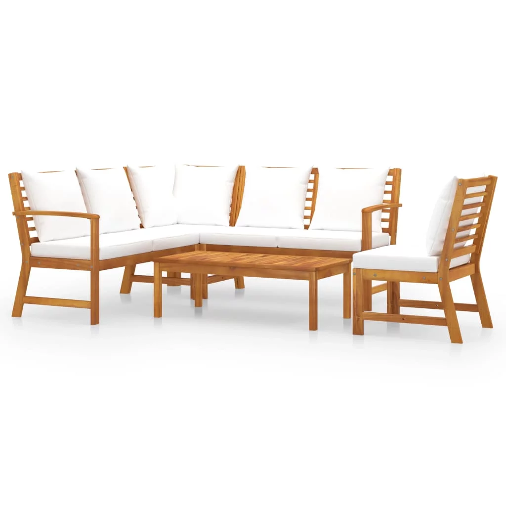 5 Piece Patio Lounge Set with Cushion Cream Solid Acacia Wood