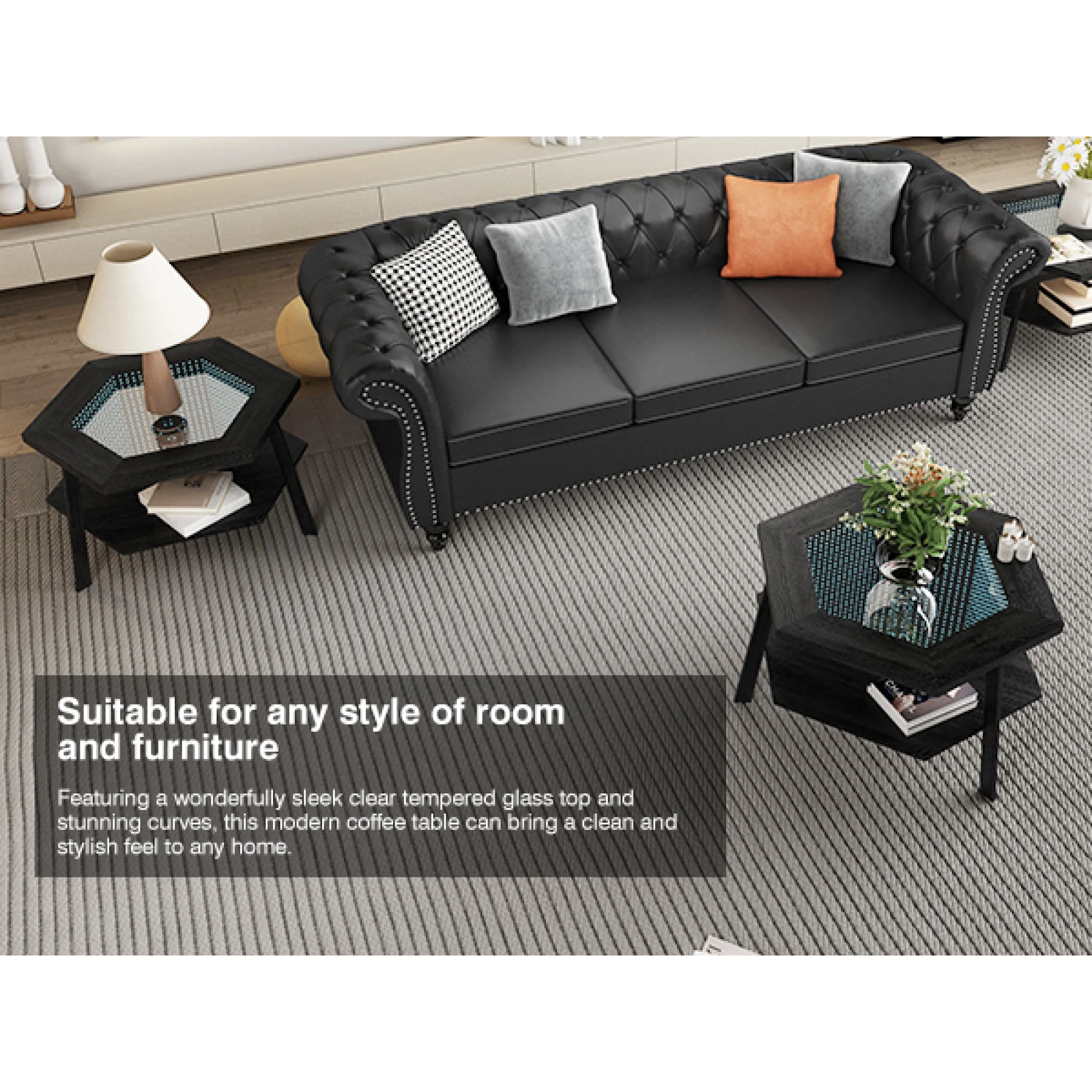 Modern Hexagon Smart Coffee Table with Voice-Activated LED Lights, Bluetooth - Living Room, Reception Room