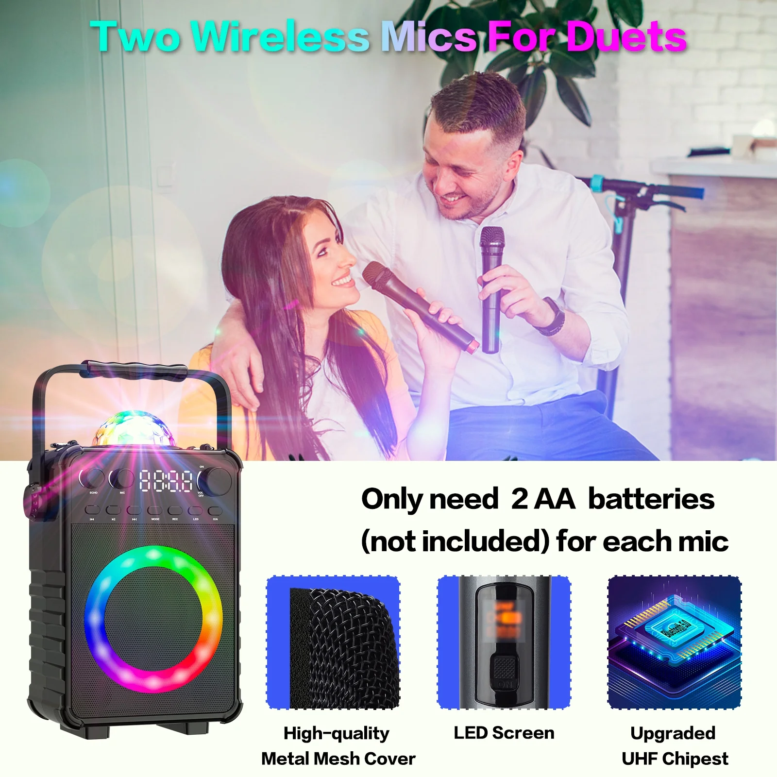 BONAOK Karaoke Machine with 2 Wireless Microphones, Portable Bluetooth Speaker with  for Adults Kids Singing Machine with Disco LED Lights Gifts for Girls Boys Home Party