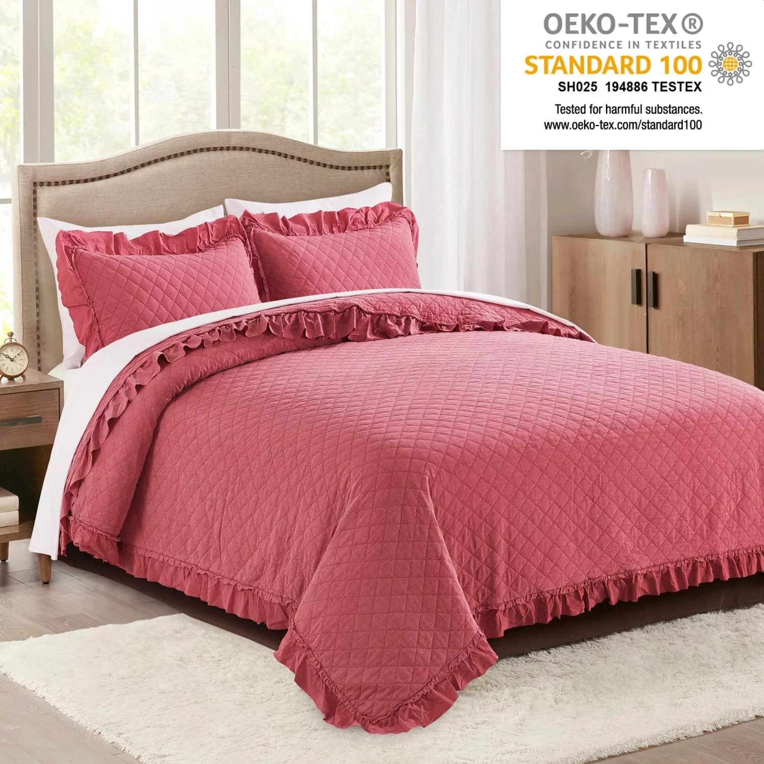 Quilts Set King, Stone Washed Microfiber 3 Pieces Bedspreads Coverlet With Ruffle - Super Soft, 320GSM Oversized Vintage Quilt Set Women (Burgundy, King(104