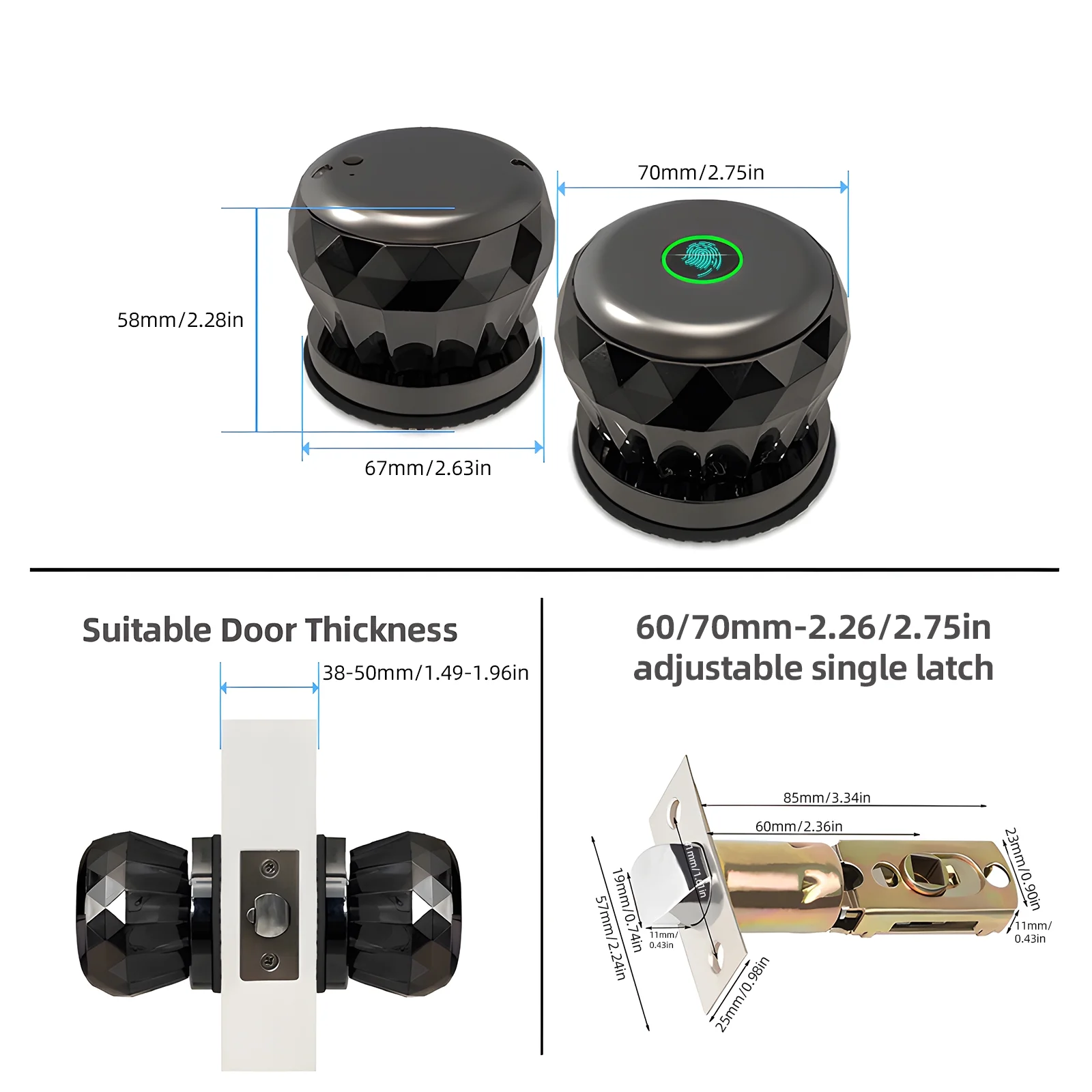 Anself Smart Fingerprint Door Knob, Keyless Entry Lock, App Control, 2 Keys, Biometric, Aluminum Alloy, Bedroom/Cloakroom/Apartment/Office