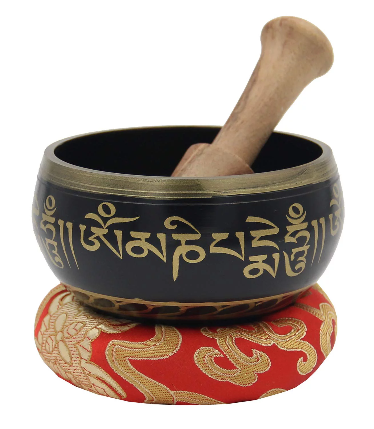 Tibetan OM MANI Singing Bowl Set ~ With Mallet, Brocade Cushion & Carry Bag ~ For Meditation, Chakra Healing, Prayer, Yoga (Black)