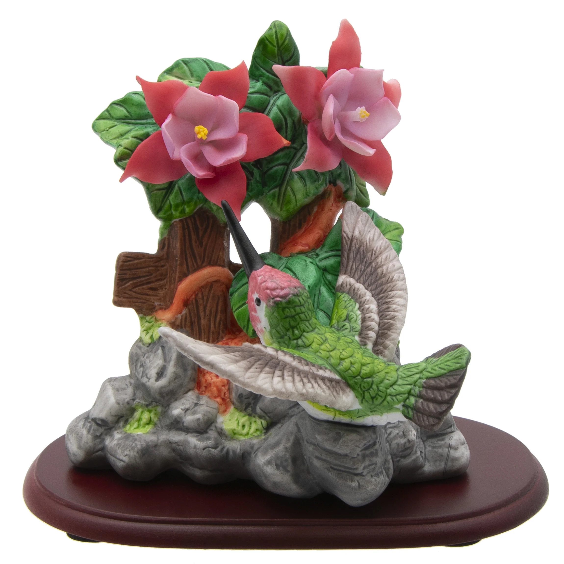 Porcelain Hummingbird and Fuchsia Flowers Figurine with Wooden Pedestal