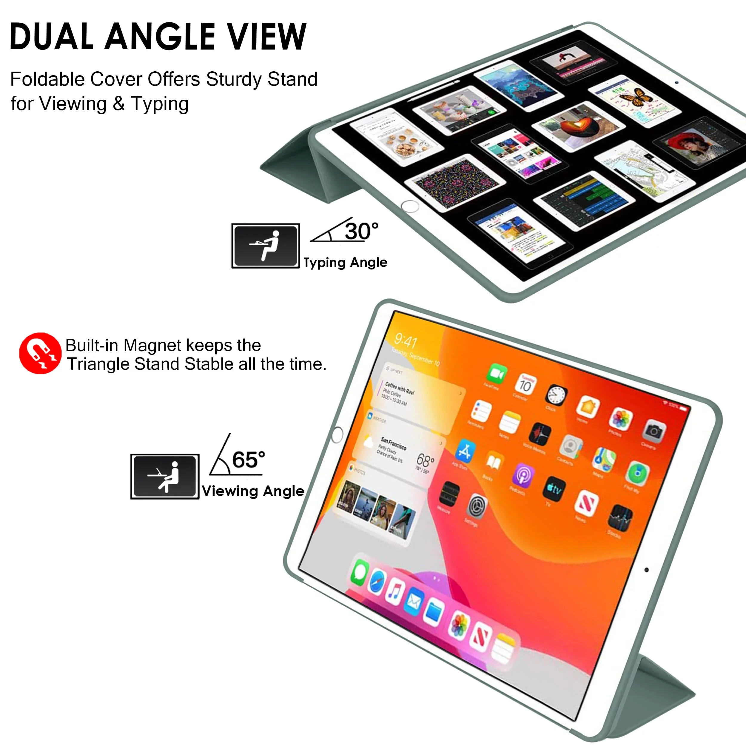 DuraSafe Cases iPad 2014 9.7 Inch Air 2 1 [ iPad 6th 5th Air 1st 2nd ] A1567 A1566 MGLW2LL/A MGL12LL/A MH0W2LL/A MGKM2LL/A Full Body Protective Soft Back Cover with Wake/Sleep Feature - Dark Green