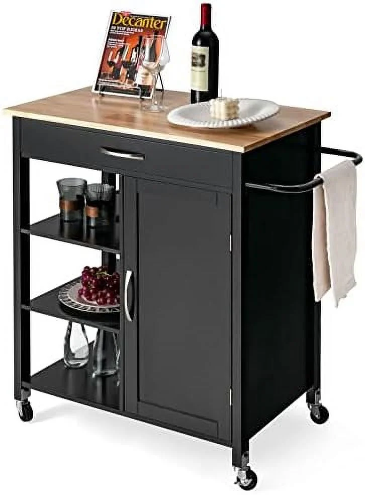 GVJMTKP Kitchen Island with   Rolling Kitchen Cart with Towel Rack   Drawer  and 3-Tier Open Shelves  Kitchen Island on Wheels with Rubber Wood Top  34.5 x 18.5 x 36.5 Inches (Black)