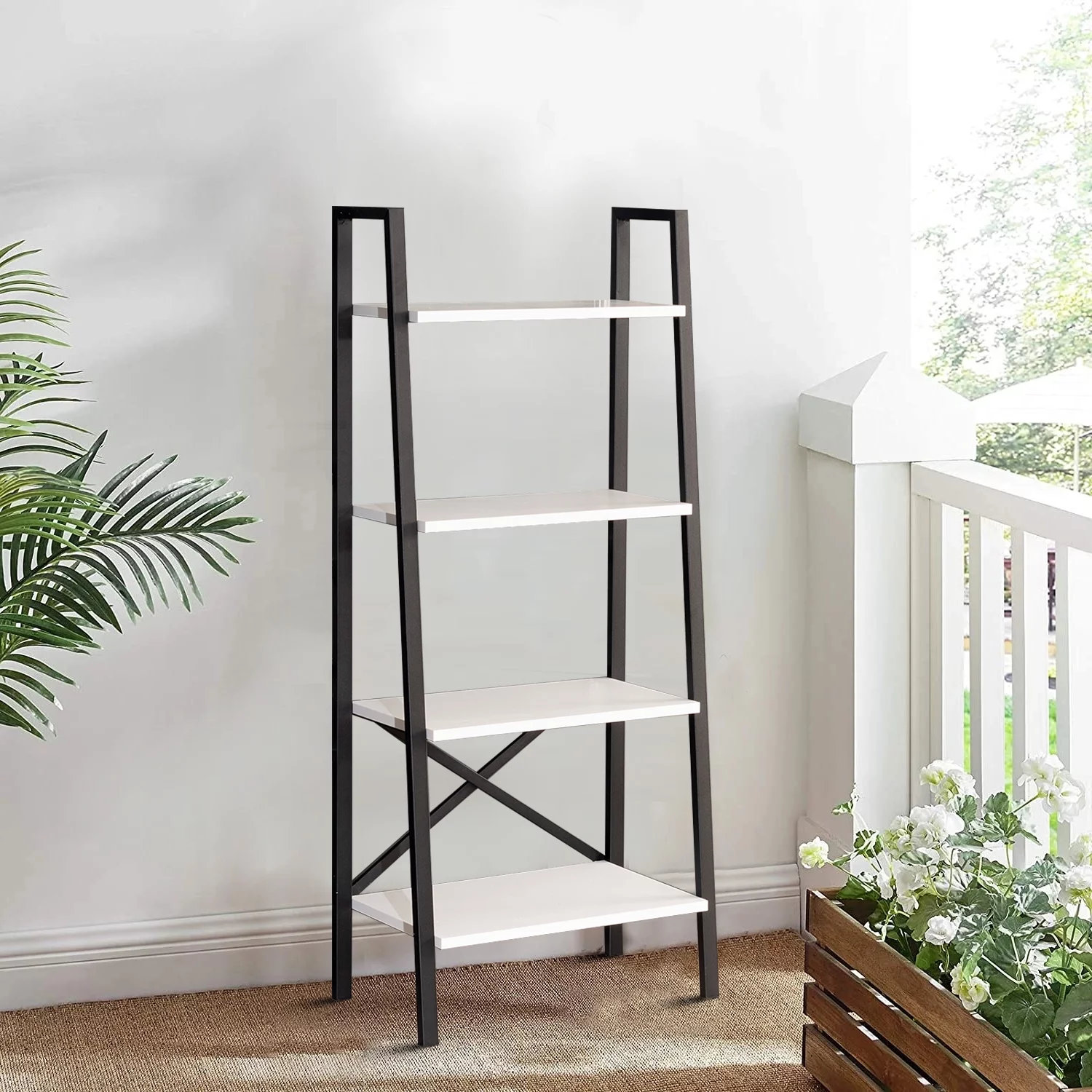 Minimalist 4-tier Open Bookshelf with Wooden Board and Black Metal Frame, White