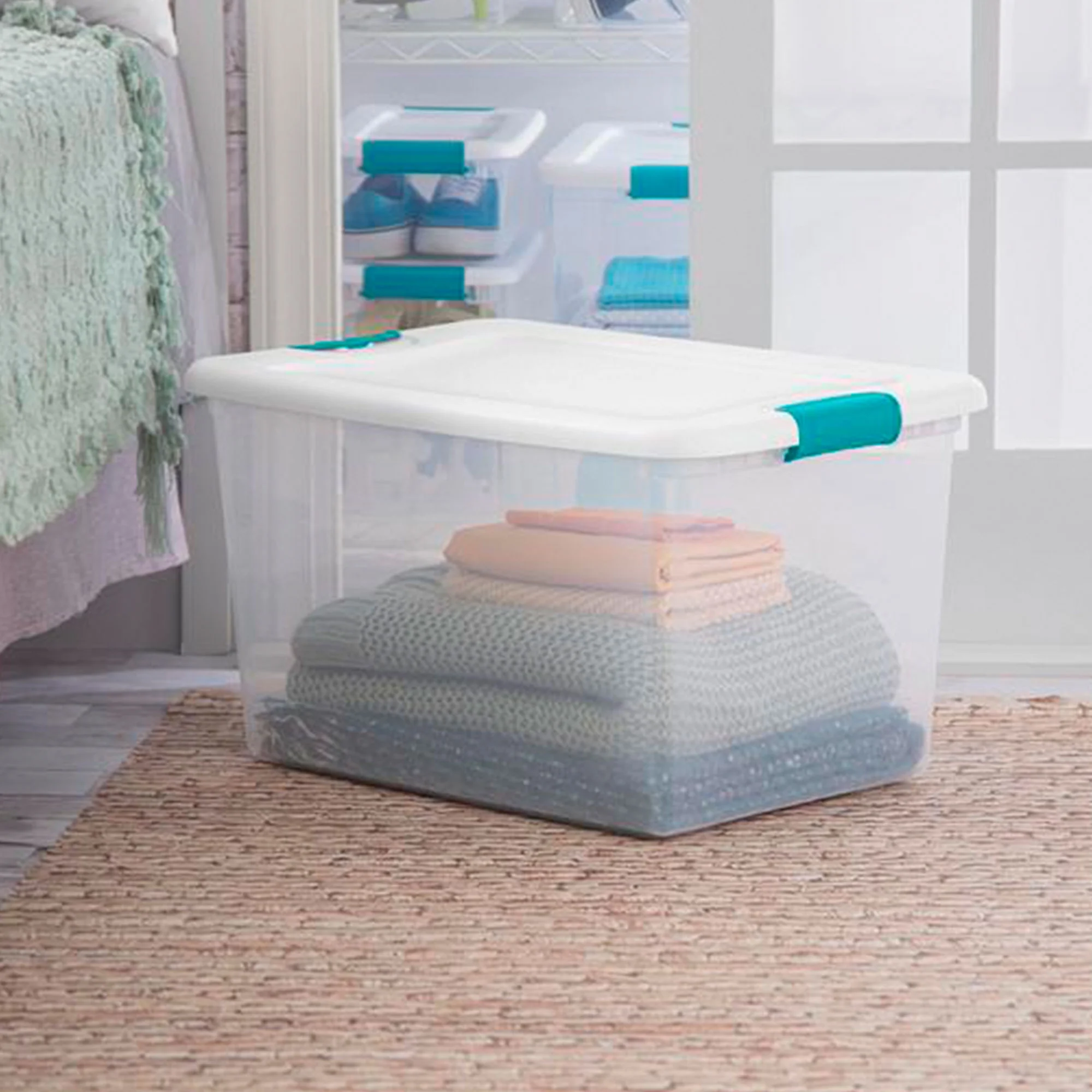 Sterilite 64 Quart Large Stackable Latching Tote Box (12 Pack) and Deep Clip Box (4 Pack)