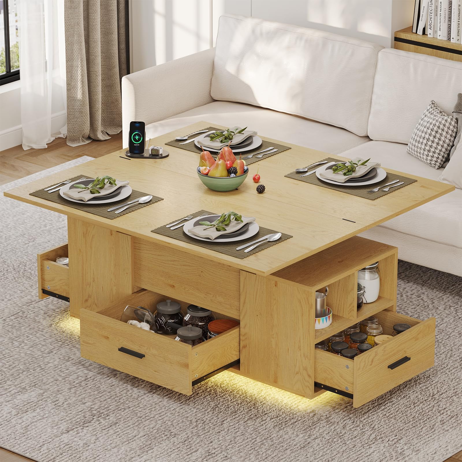 4 in 1 Lift Top Coffee Table with LED Light and Power Strip, Multi-Function Wood Coffee Table for Living Dining Room, Oak Color