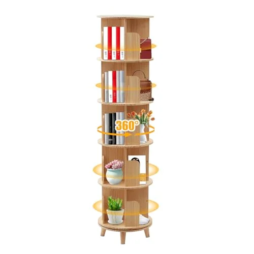 5 Tier Rotating Bookshelf 360 Degrees Book Shelf Free Standing Solid Wood Bookshelf Organizer Spinning Bookshelf Tower Rotating Bookshelf Kids Stackable Shelves for Home Office Study Living Room DIY