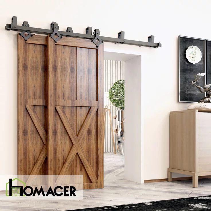 Homacer Black Rustic Double Track U-Shape Bypass Sliding Barn Door Hardware Kit, for Two/Double Doors, 8ft Long Flat Track, Diamond Design Roller, Heavy Duty, for Interior & Exterior Use