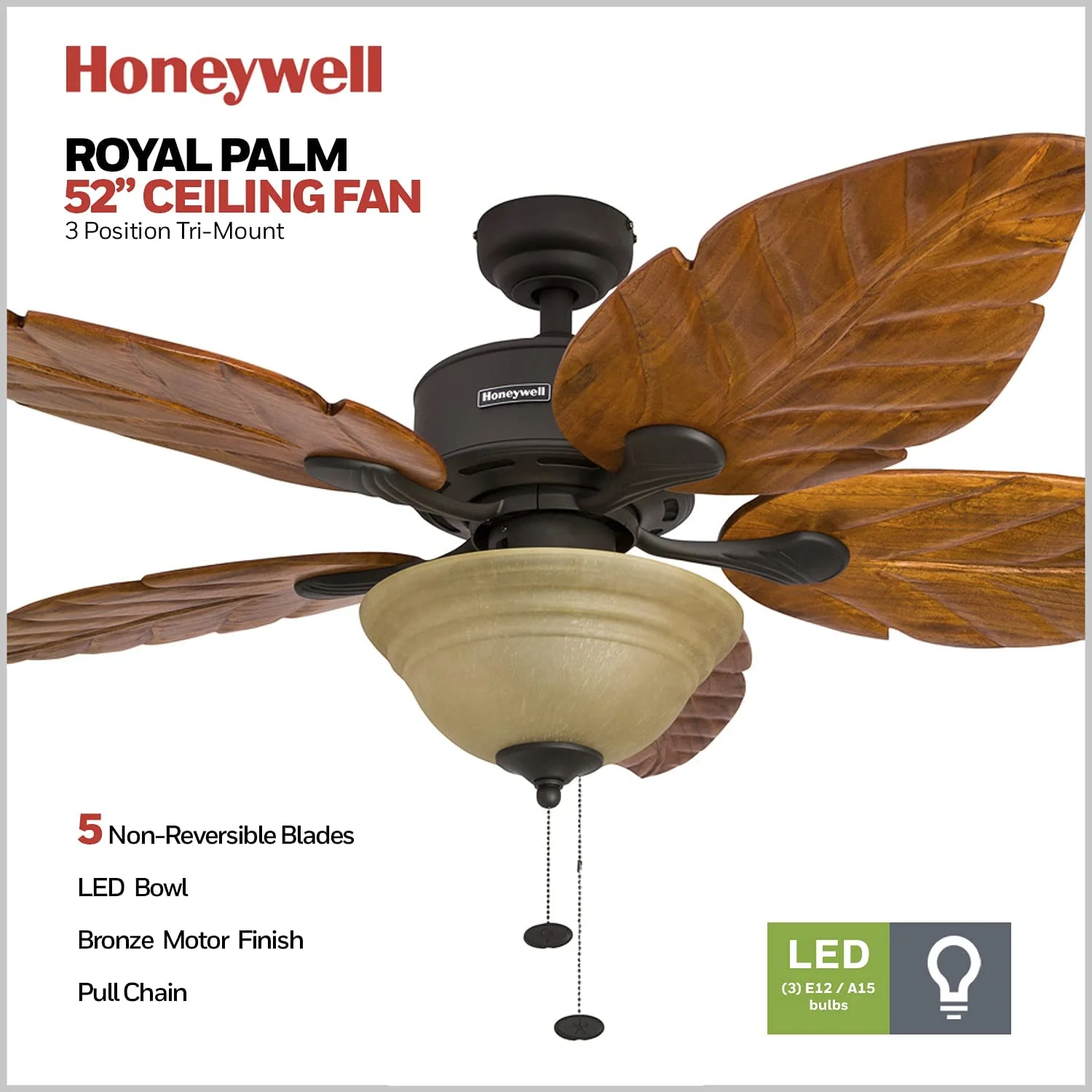 RUO Willow View, 52 Inch Tropical Indoor Ceiling Fan with No Light, Pull Chain, Three Mounting Options, Hand Carved Wooden Leaf Blades - 50501-01 (Bronze)