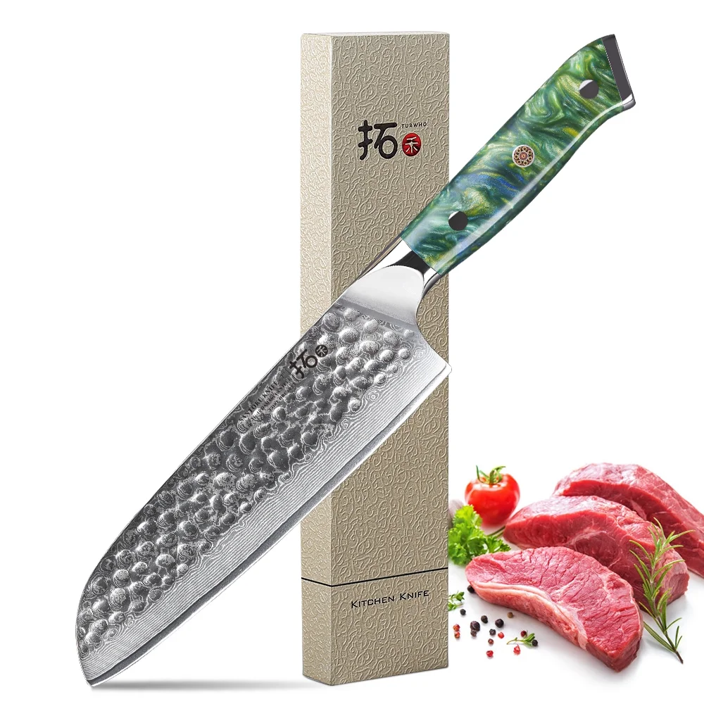 TURWHO 7inch Santoku Knife Japan VG10 Damascus Steel Kitchen Knife Hammer Pattern Blade with Resin Handle, Random Colors