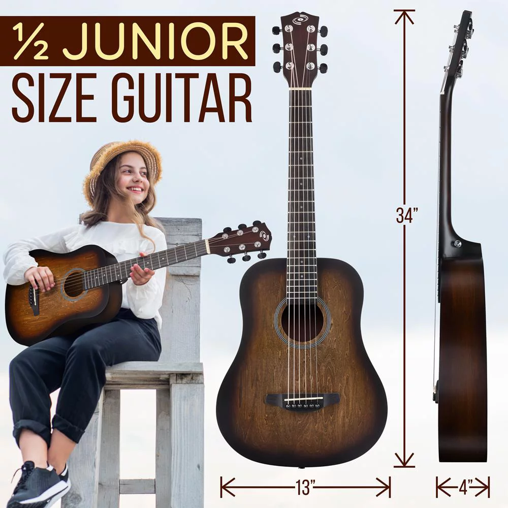 Pyle Acoustic Guitar Kit 1/2 Junior Size Steel String Instrument for Beginner Kids Adults 34” Brown