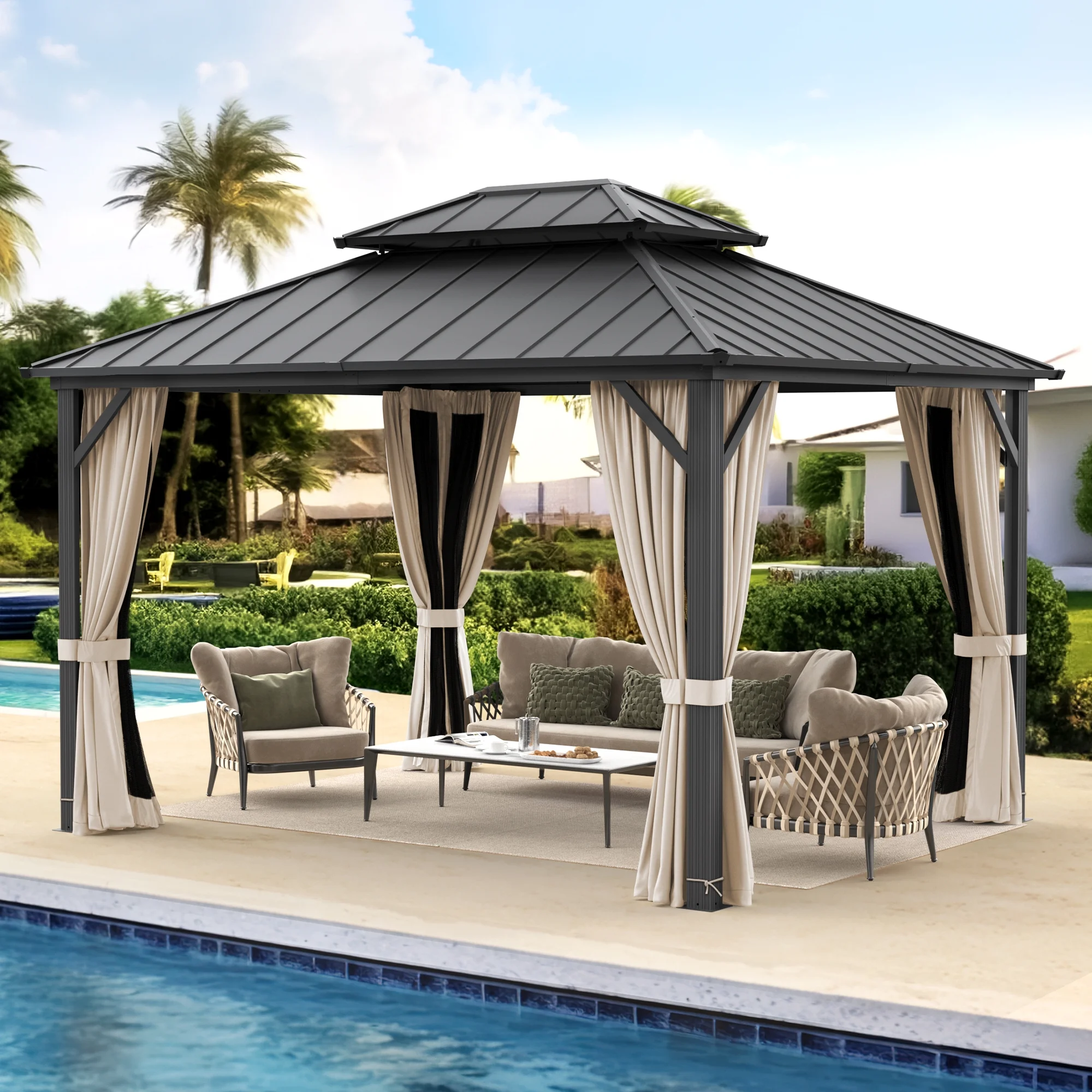 Dycanpo Hardtop Gazebo with Nettings Curtains, Galvanized Steel Double Roof Pergola,10'x12',Black