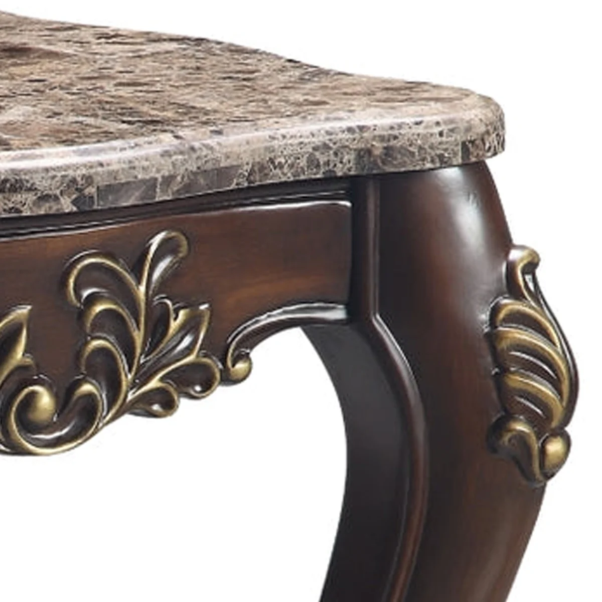 Kha 27 Inch Marble Top End Table with Cabriole Legs Gold Cherry Brown - Saltoro Sherpi