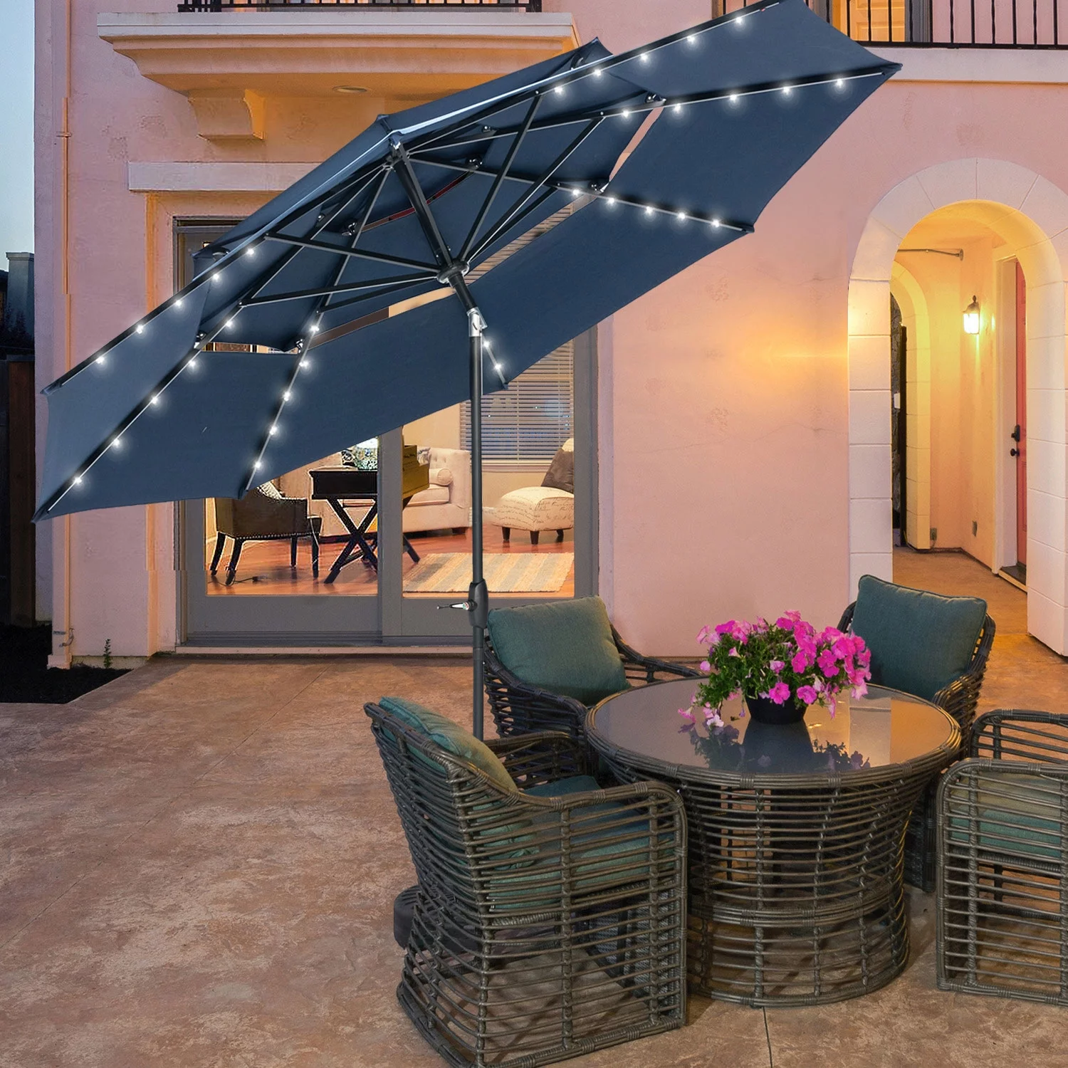 Autlaycil 10Ft 3 Tiers Patio Umbrellas Solar 40 LED Lighted Umbrella with 8 Ribs Patio Table Umbrella, Blue