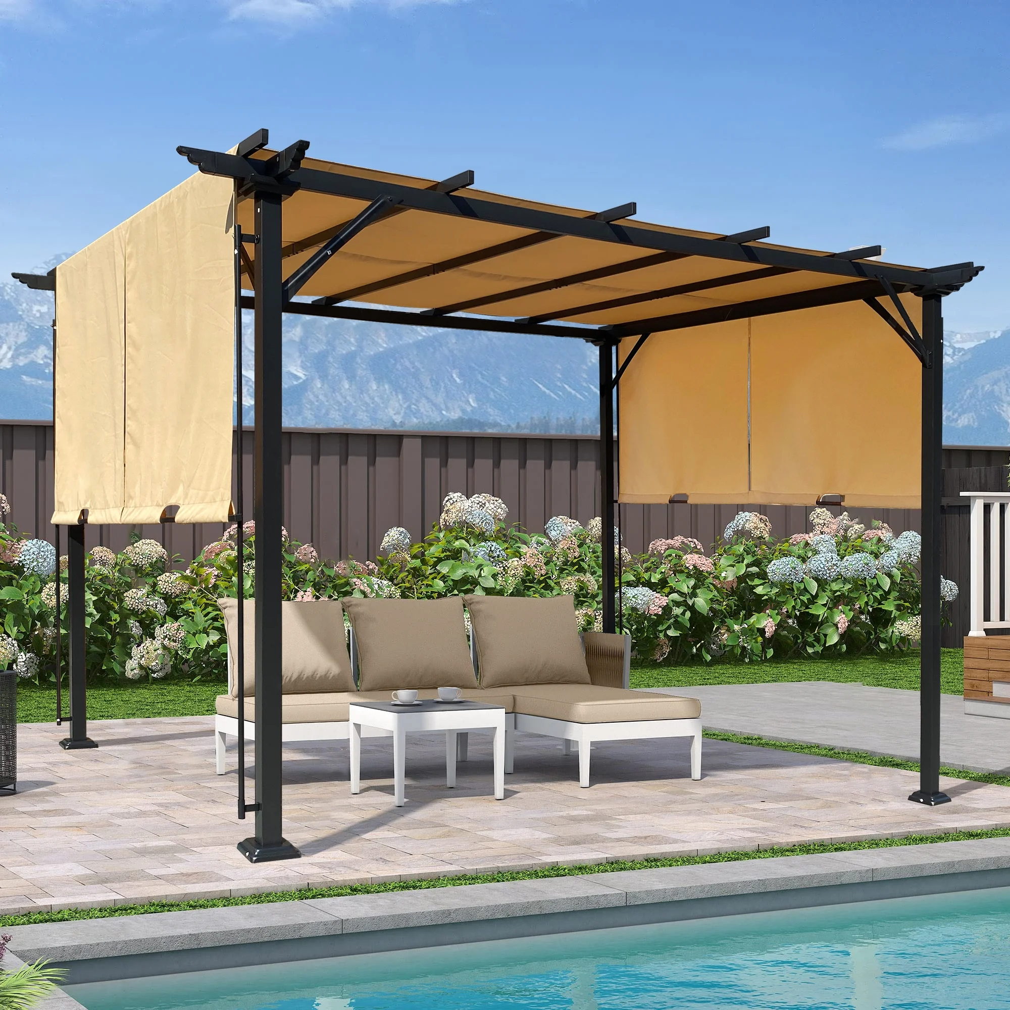 Homiyad 9.5 X 12 ft Outdoor Pergola Patio Gazebo,Retractable Shade Canopy,Steel Frame GraPE Gazebo,Sunshelter Pergola for Gardens,Terraces,Backyard-Khaki