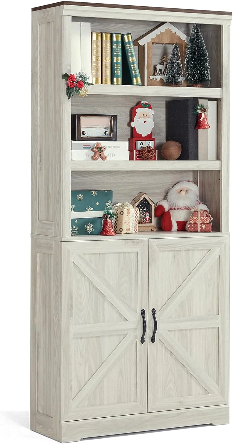 Bookcases with Doors, Farmhouse Storage Cabinet 69 in Tall 5-Shelf Bookcase, Floor Standing Display Bookshelves with Adjustable Shelves for Living Room, Bedroom, Kitchen, Washed Grey