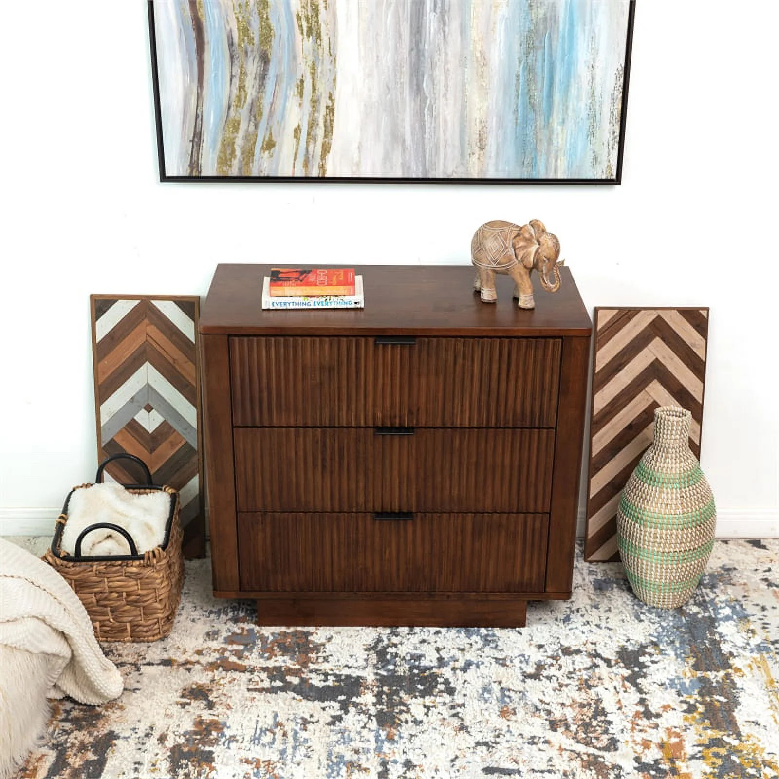 Carla Mid Century Modern Solid Wood Walnut Nightstand with 3 Drawers