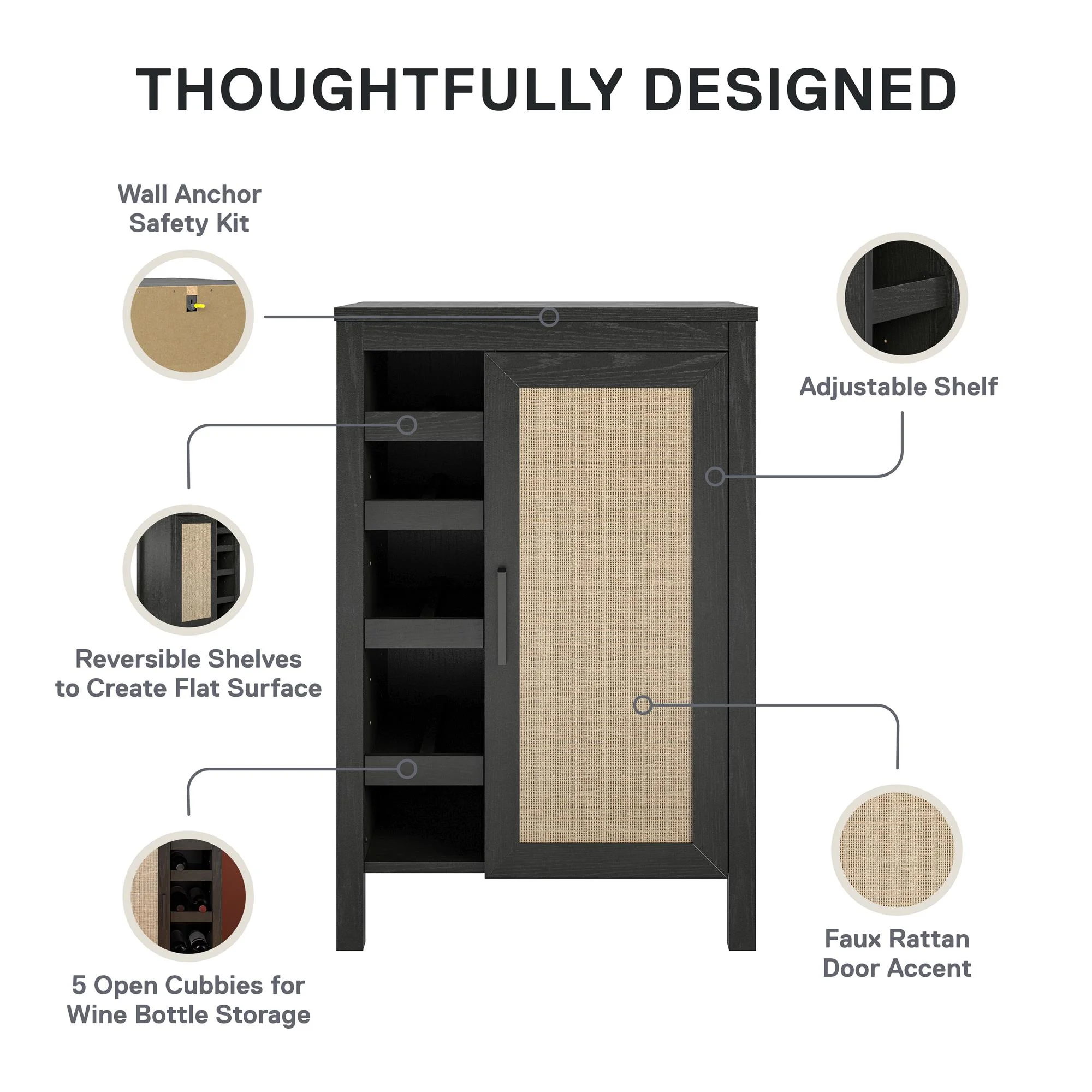 Ameriwood Home Wimberly Bar Cabinet, Black Oak with Faux Rattan