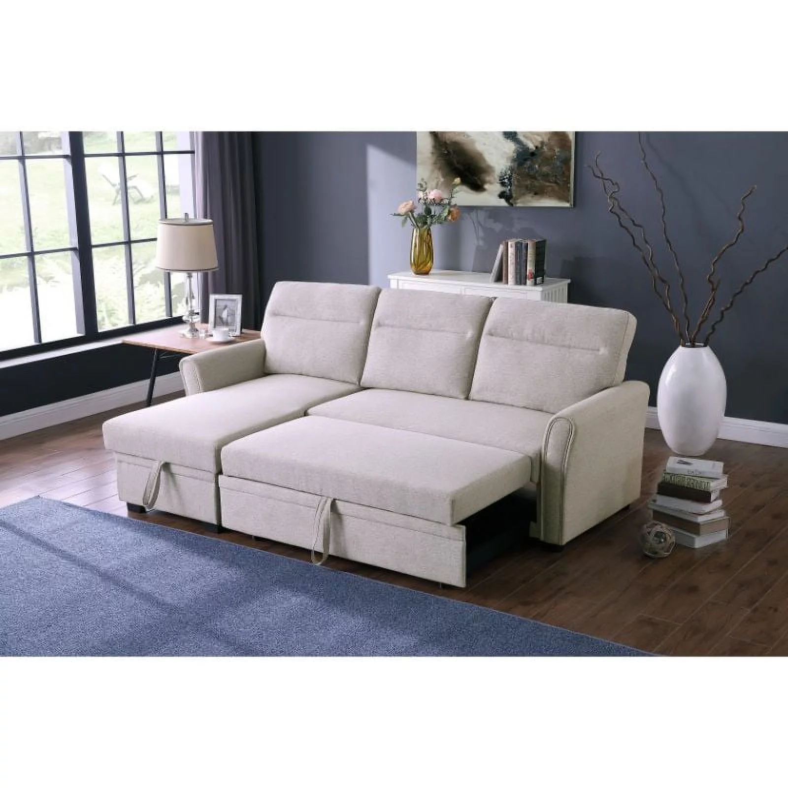 Bowery Hill Fabric Reversible/Sectional Sleeper Sofa with Storage Chaise in Light Gray