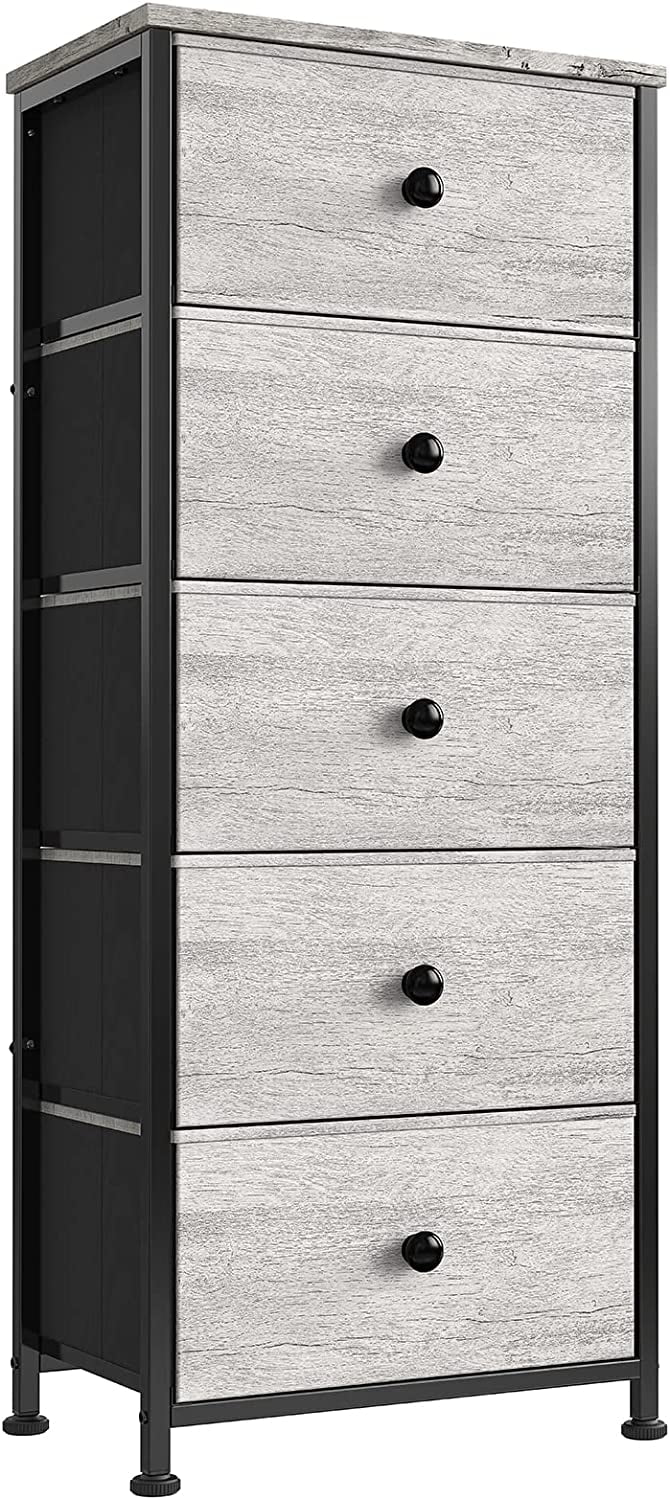 5 Drawer Vertical Steel Frame Storage Organizer Narrow Tower Dresser with MDF Top, Adjustable Feet, and Wall Safety Attachment, Dark Taupe