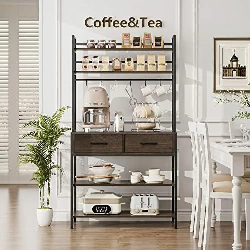 FDSHOIYN Industrial 5-Tier Kitchen Bakers Rack with 2 Drawers  Microwave Oven Stand with  Shelves and Hutch  Kitchen  with   Coffee  for Living Room  Home Office  Dark Brown