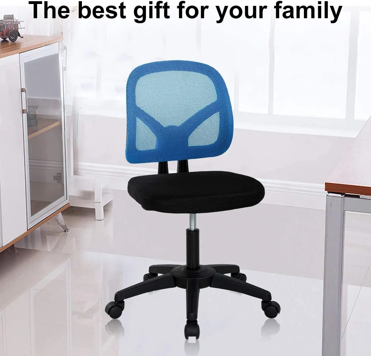 Mesh Office Chair No Arms Swivel Desk Chairs Adjustable Height Computer Chair Swivel Task Chair with Curved Square Back, Seat Width 18.3 inch, Blue