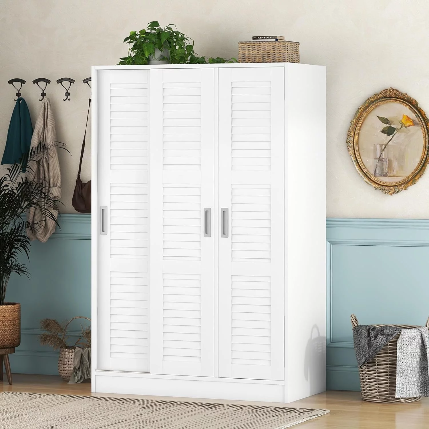 Wardrobe Storage Closet With 3 Shutter Doors And Hanging Rod, Wardrobe Closet For Hanging Clothes, Freestanding Bedroom Armoires Cabinet With Shelves, White