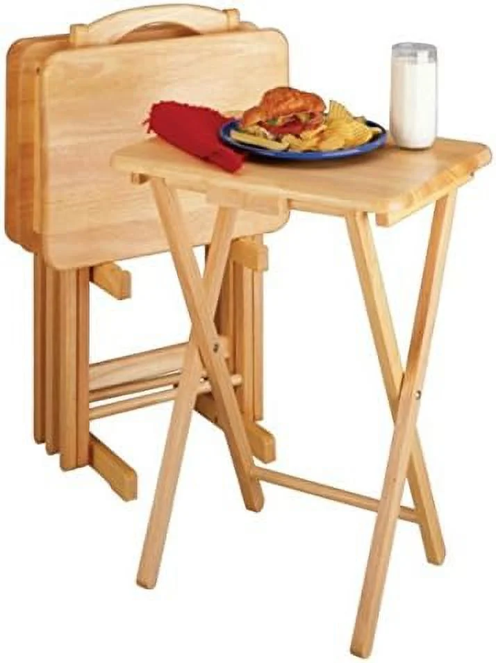Wood Alex 5-Piece Snack Tables Set | Foldable & Stable | Solid Wood | Clear Lacquer Finish | No Assembly Required | 19