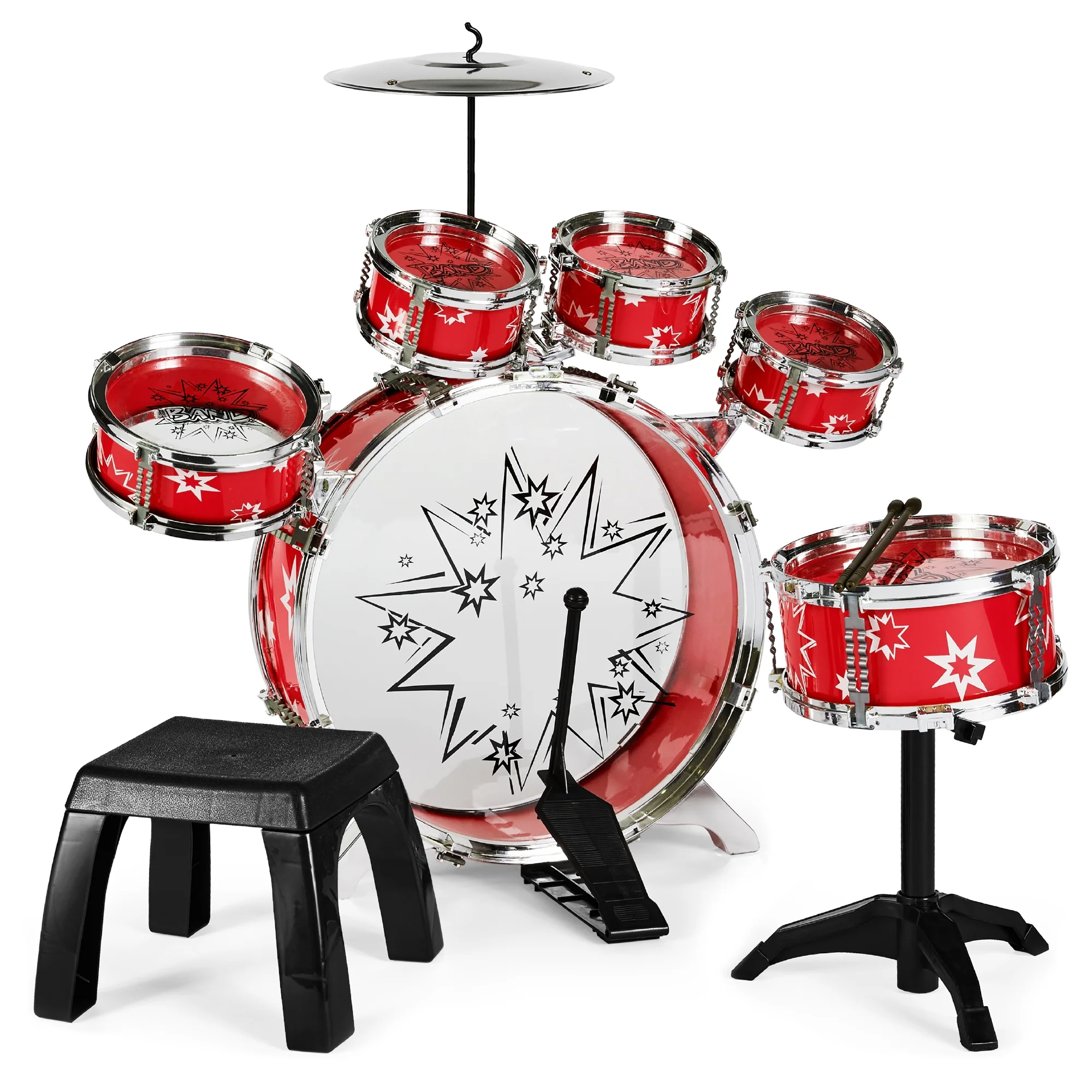Best Choice Products 11-Piece Kids Starter Drum Set w/ Bass Drum, Tom Drums, Snare, Cymbal, Stool, Drumsticks - Red