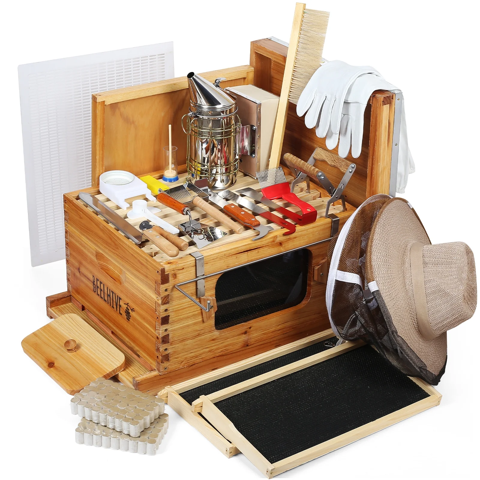 BEELHIVE™ | 10-Frame Beehive Starter Kit with Window for Beekeeping - Double Wax Coated Bee Hive Box Kits for Beginners - Supplies-All Complete Honey Bees Hives Keeping Tool Set for Bee Keeper