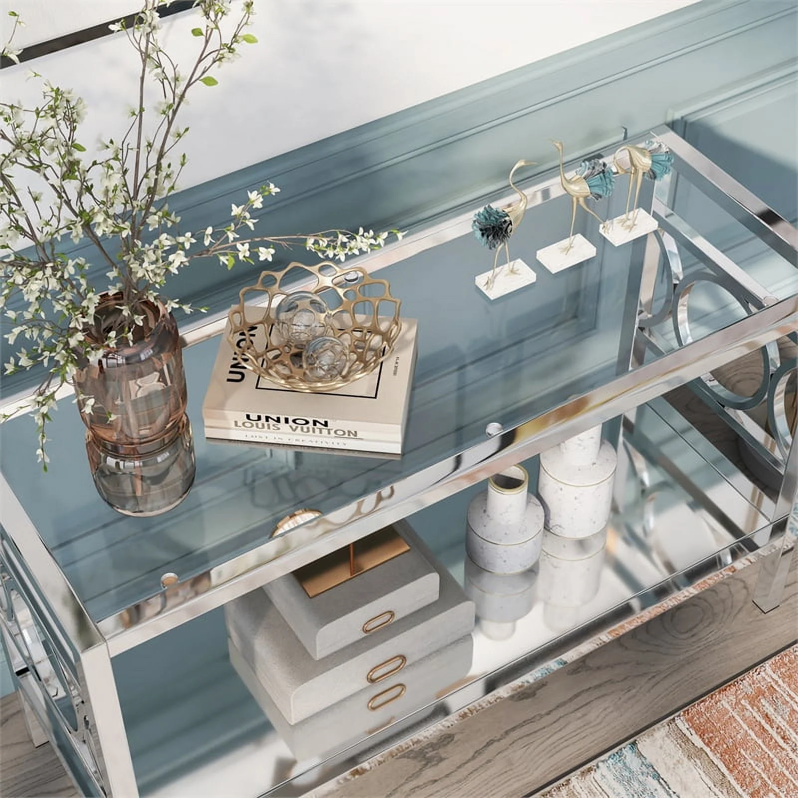 Furniture of America Beller Metal 1-Shelf Console Table in Silver Chrome