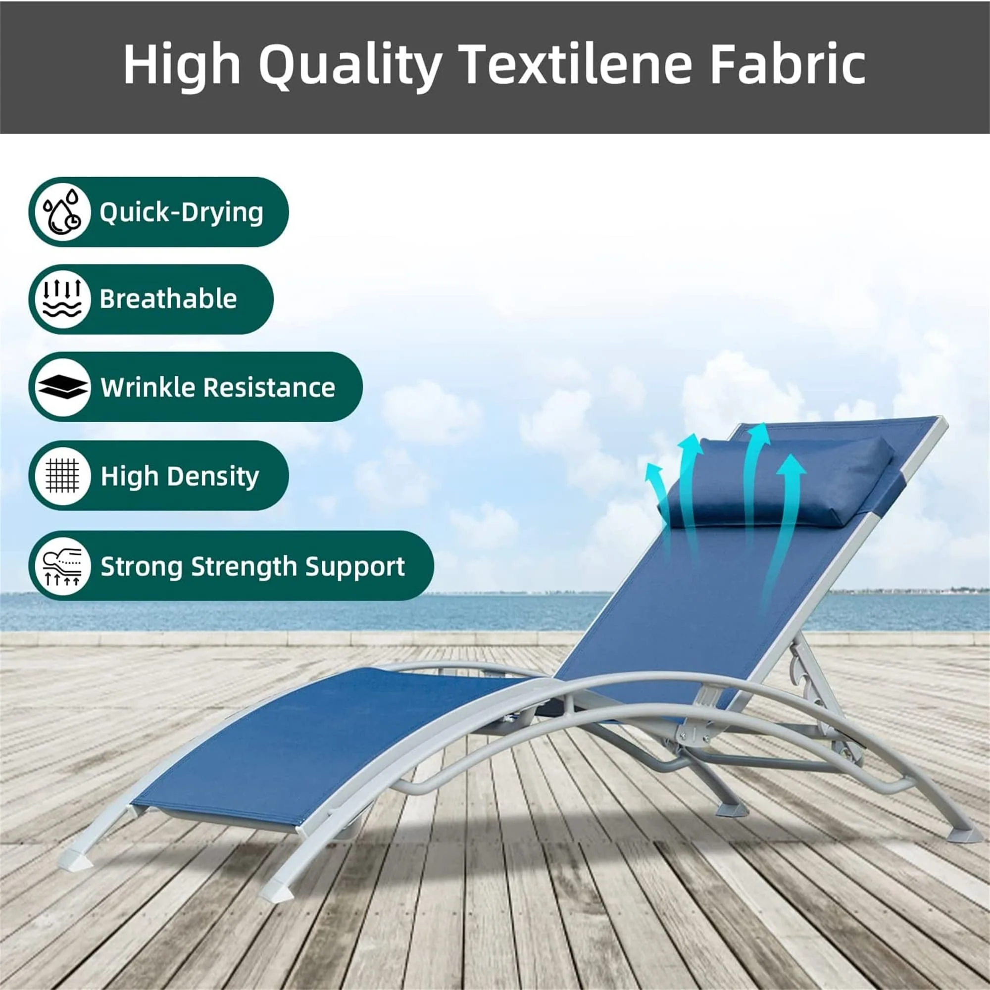 Adjustable Aluminum Chaise Lounge Chairs with Metal Side Table,Set of 3 Navy Blue