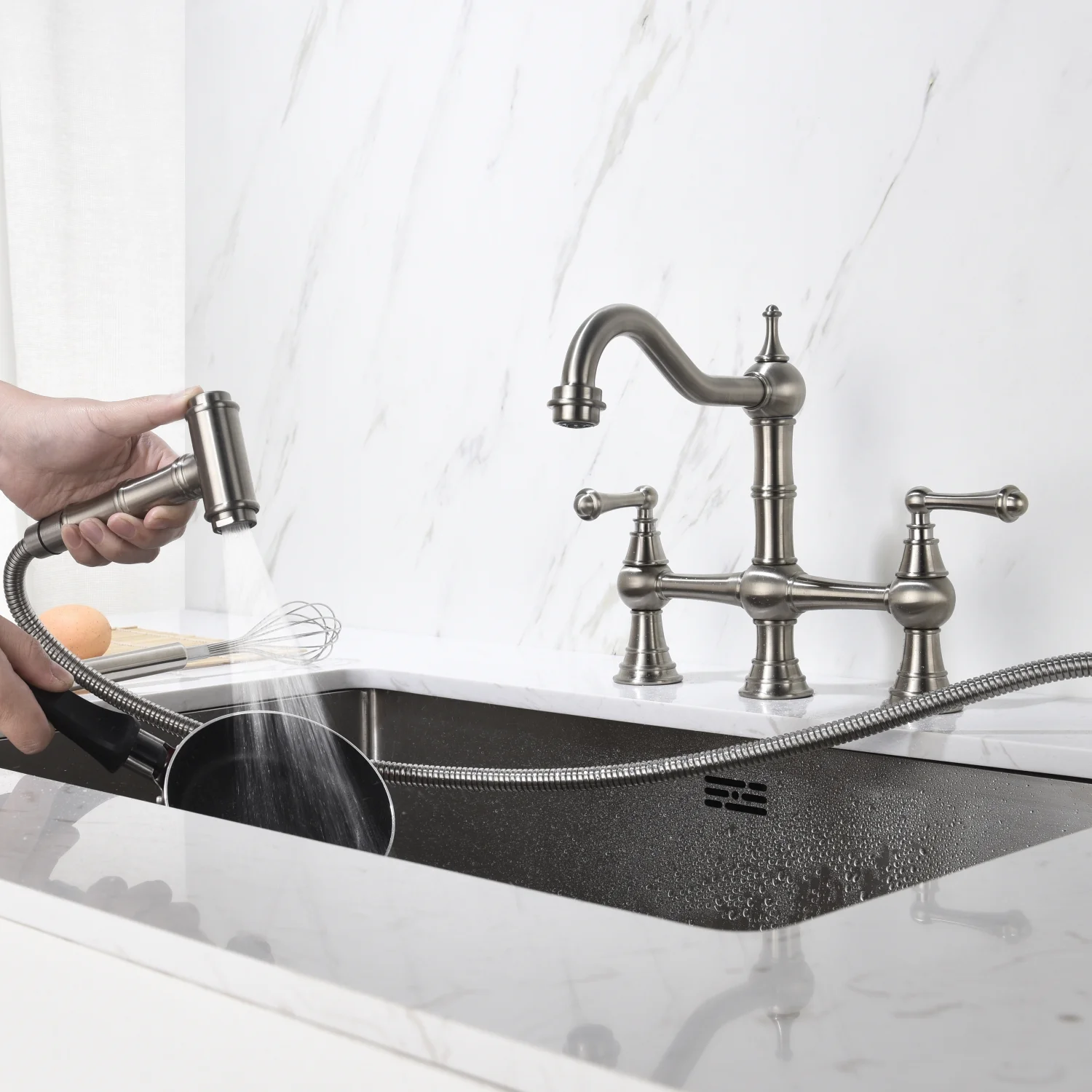 DremFaryoyo Bridge Dual Handles Kitchen Faucet With Pull-Out Side Spray in